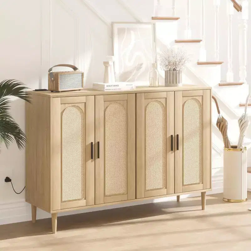 Bahut en bois avec 4 portes, Buffet en rotin, Pour entrée, couloir, salle à manger, salon,