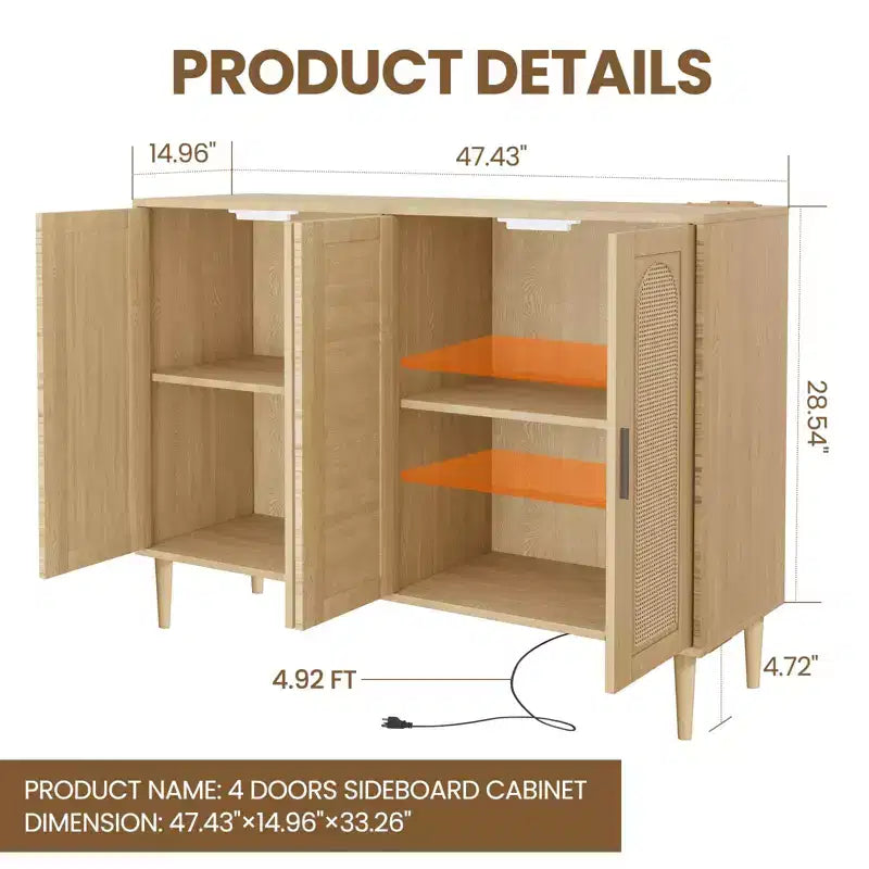 Bahut en bois avec 4 portes, Buffet en rotin, Pour entrée, couloir, salle à manger, salon,