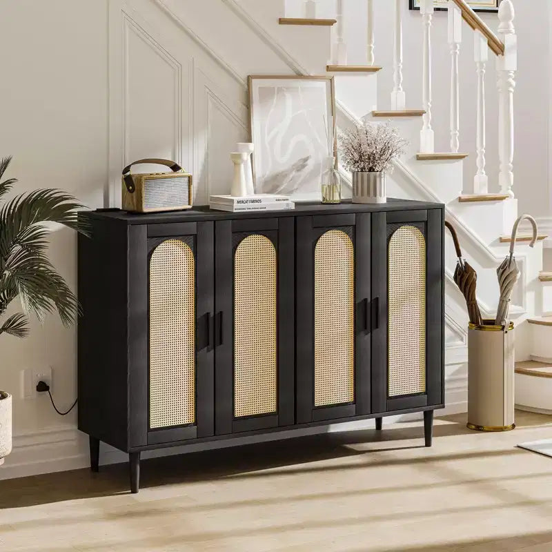Bahut en bois avec 4 portes, Buffet en rotin, Pour entrée, couloir, salle à manger, salon,