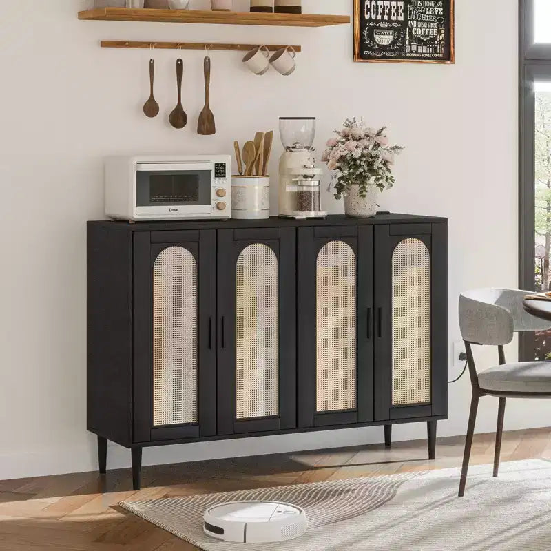 Bahut en bois avec 4 portes, Buffet en rotin, Pour entrée, couloir, salle à manger, salon,