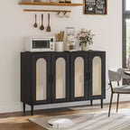 Bahut en bois avec 4 portes, Buffet en rotin, Pour entrée, couloir, salle à manger, salon,