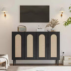 Bahut en bois avec 4 portes, Buffet en rotin, Pour entrée, couloir, salle à manger, salon,