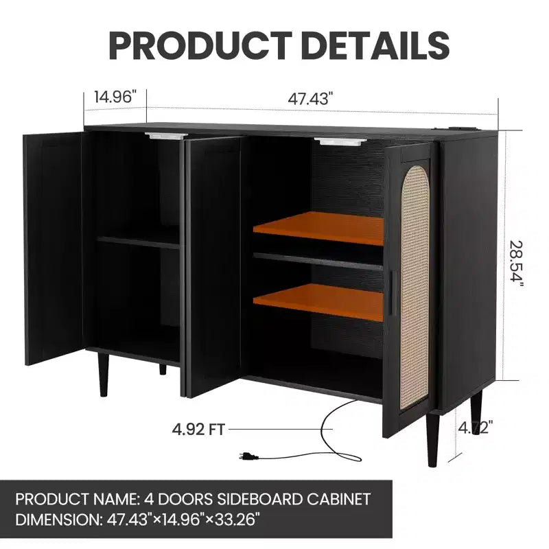 Bahut en bois avec 4 portes, Buffet en rotin, Pour entrée, couloir, salle à manger, salon,