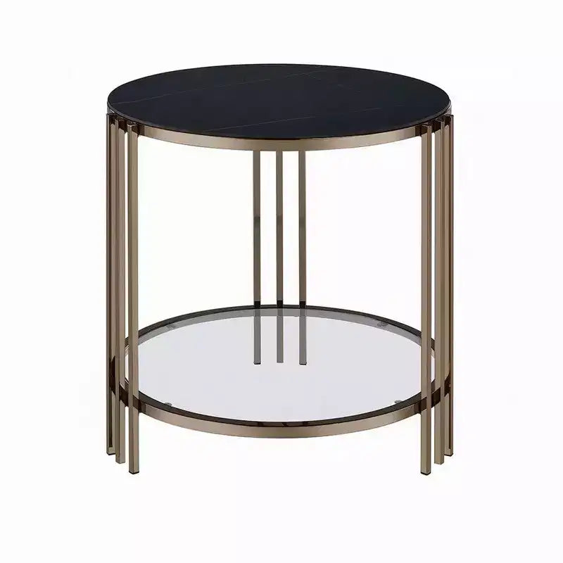 Table d'appoint Royal Hampton, 23 pouces, plateau rond en pierre frittée, noir et or