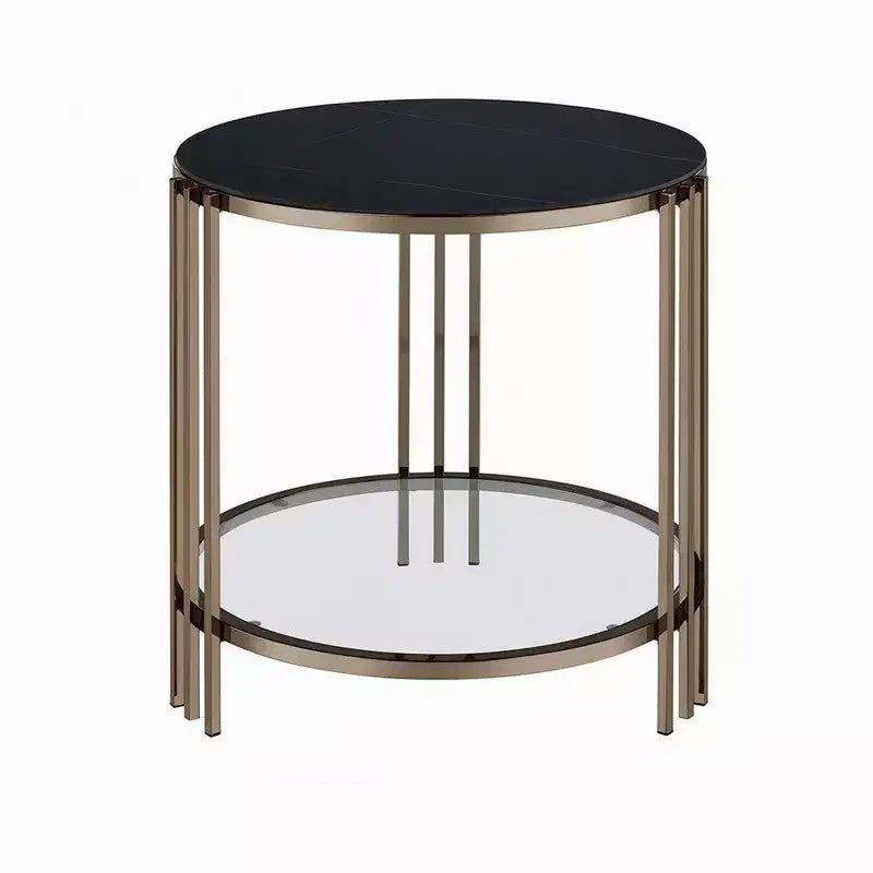 Table d'appoint Royal Hampton, 23 pouces, plateau rond en pierre frittée, noir et or