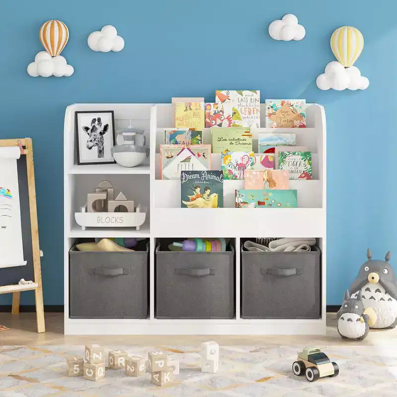 JVNOXK- Bibliothèque et étagère pour enfants, bibliothèque multifonctionnelle avec 3 tiroirs pliables en tissu, étagère de présentation, étagère de rangement (blanc/gris)
