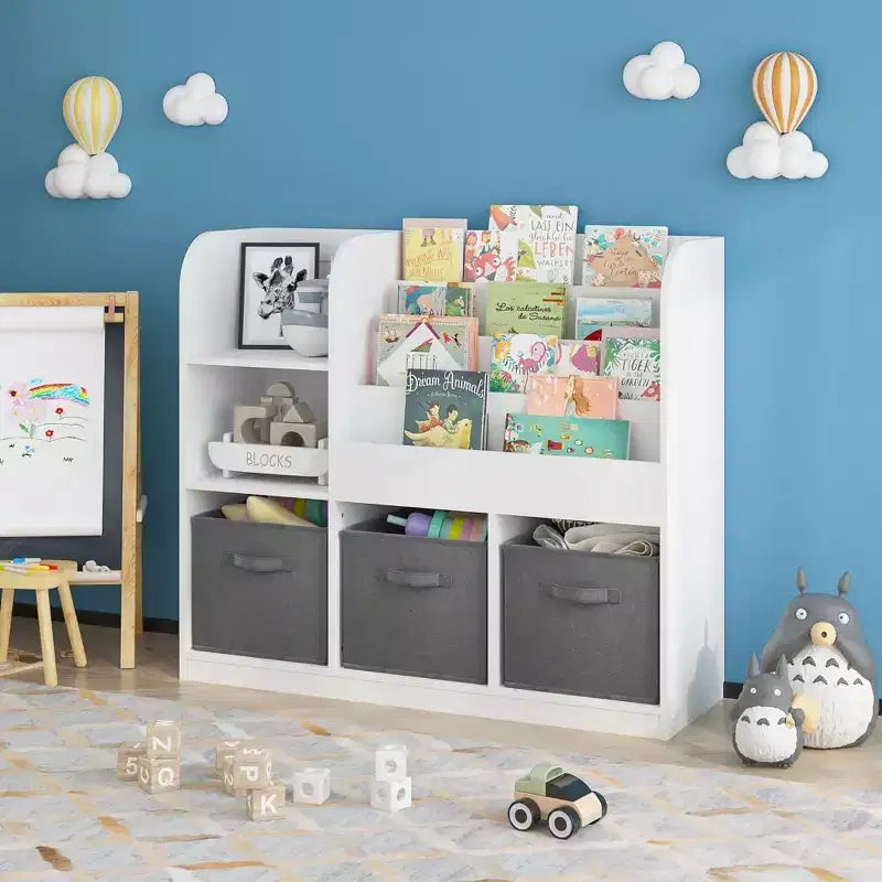 JVNOXK- Bibliothèque et étagère pour enfants, bibliothèque multifonctionnelle avec 3 tiroirs pliables en tissu, étagère de présentation, étagère de rangement (blanc/gris)