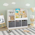 JVNOXK- Bibliothèque et étagère pour enfants, bibliothèque multifonctionnelle avec 3 tiroirs pliables en tissu, étagère de présentation, étagère de rangement (blanc/gris)