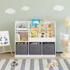 JVNOXK- Bibliothèque et étagère pour enfants, bibliothèque multifonctionnelle avec 3 tiroirs pliables en tissu, étagère de présentation, étagère de rangement (blanc/gris)
