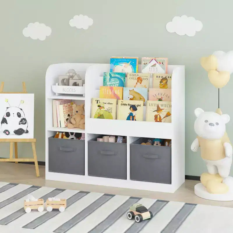 JVNOXK- Bibliothèque et étagère pour enfants, bibliothèque multifonctionnelle avec 3 tiroirs pliables en tissu, étagère de présentation, étagère de rangement (blanc/gris)