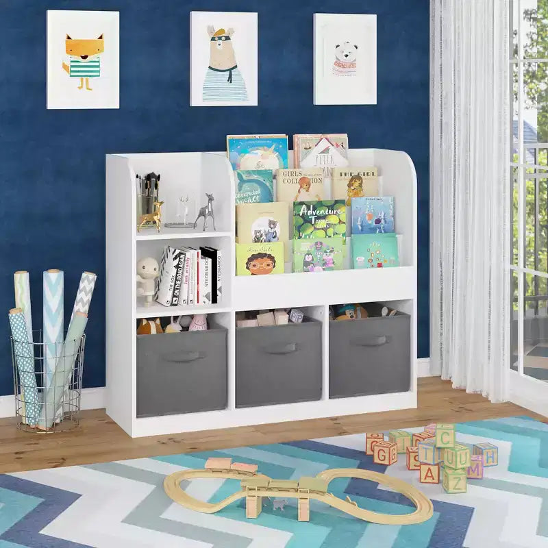 JVNOXK- Bibliothèque et étagère pour enfants, bibliothèque multifonctionnelle avec 3 tiroirs pliables en tissu, étagère de présentation, étagère de rangement (blanc/gris)