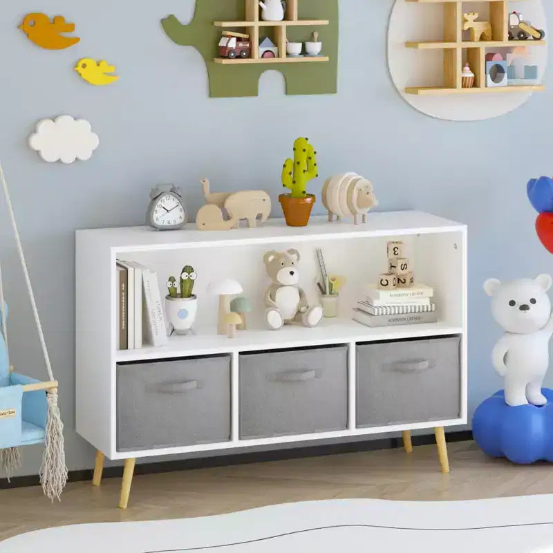 JVNOXK-35.4 - Bibliothèque pour enfants avec tiroirs pliables en tissu, présentoir à livres pour enfants, meuble de rangement pour jouets, blanc/gris