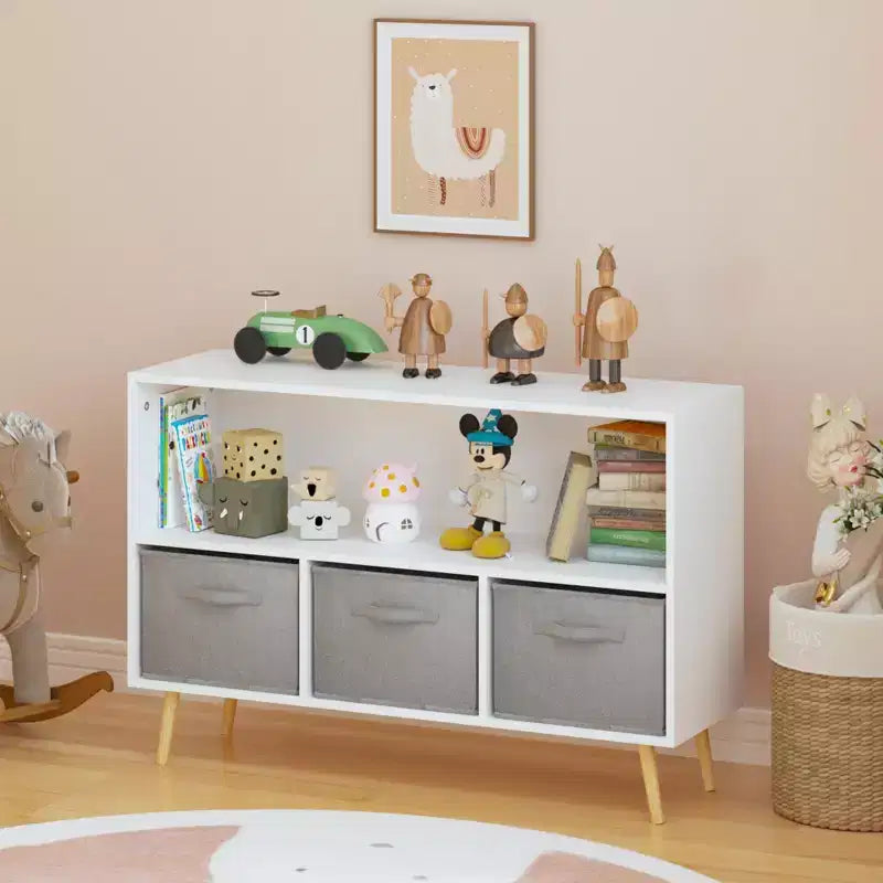 JVNOXK-35.4 - Bibliothèque pour enfants avec tiroirs pliables en tissu, présentoir à livres pour enfants, meuble de rangement pour jouets, blanc/gris