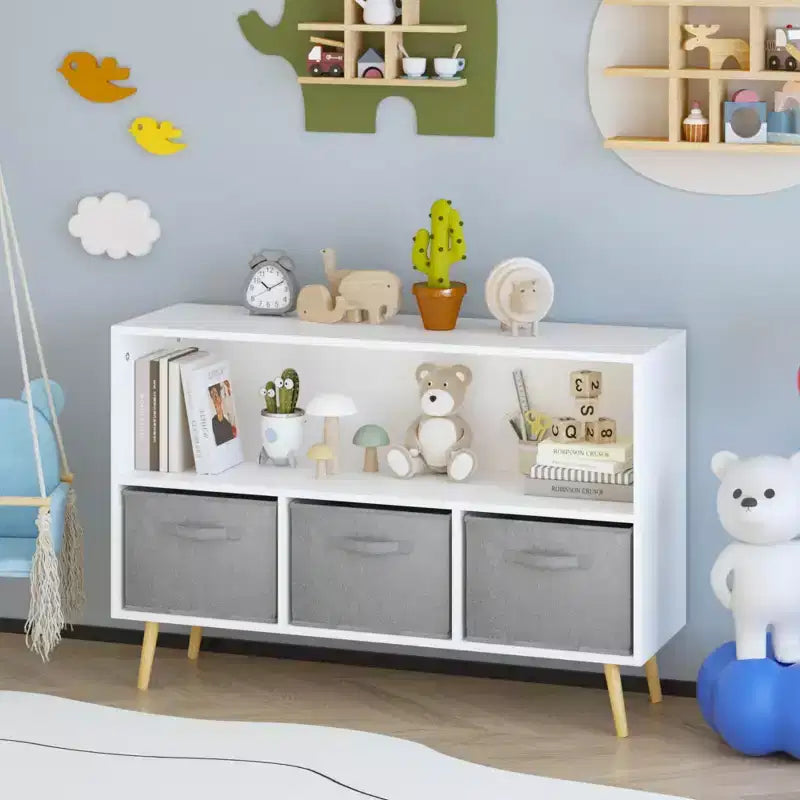 JVNOXK-35.4 - Bibliothèque pour enfants avec tiroirs pliables en tissu, présentoir à livres pour enfants, meuble de rangement pour jouets, blanc/gris