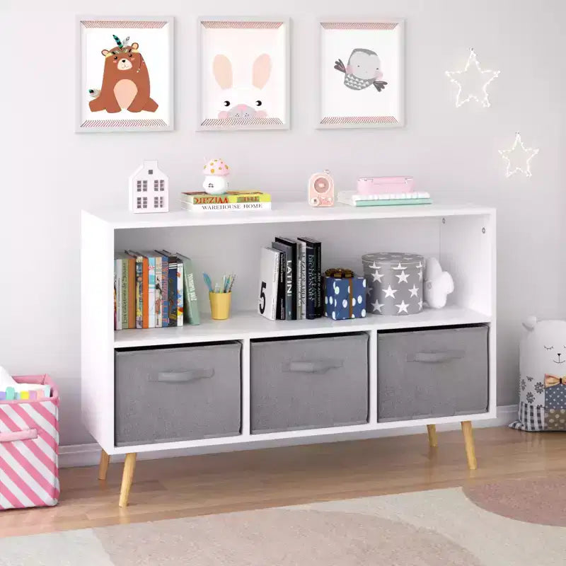 JVNOXK-35.4 - Bibliothèque pour enfants avec tiroirs pliables en tissu, présentoir à livres pour enfants, meuble de rangement pour jouets, blanc/gris