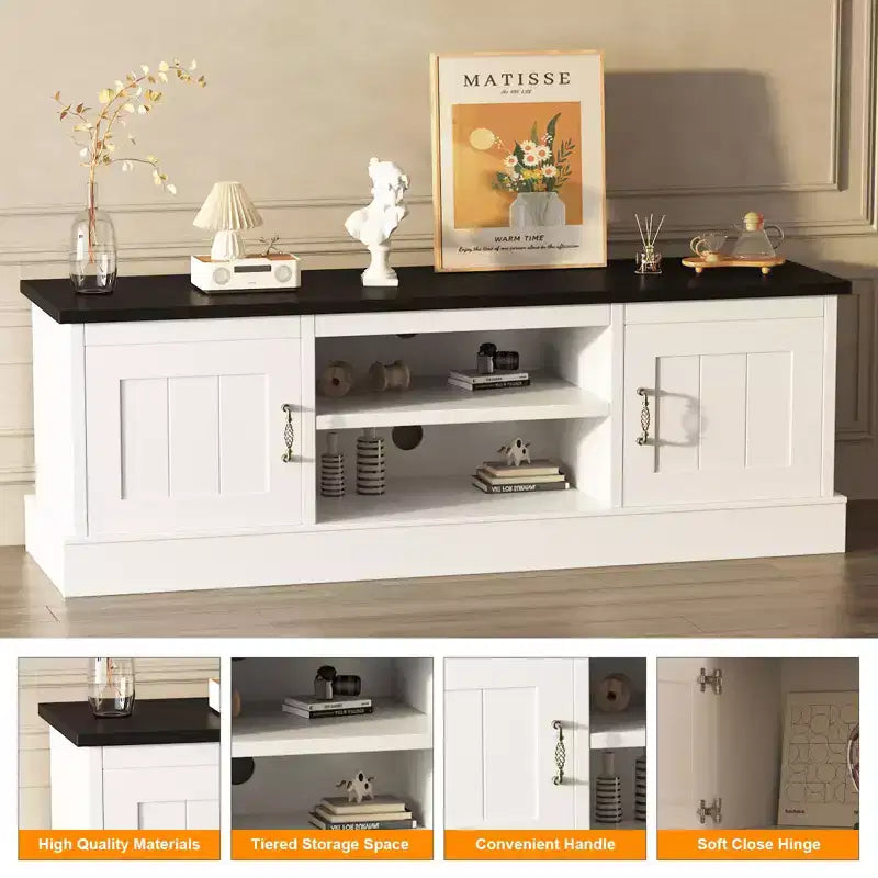 Meuble TV rustique de style ferme pour téléviseurs de 65 pouces, meuble de divertissement avec armoires de rangement, table de console média moderne pour salon ou bureau