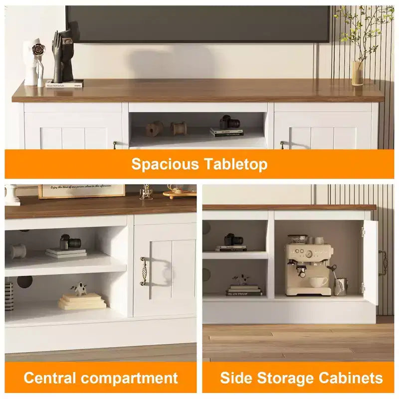 Meuble TV rustique de style ferme pour téléviseurs de 65 pouces, meuble de divertissement avec armoires de rangement, table de console média moderne pour salon ou bureau