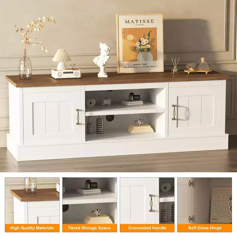 Meuble TV rustique de style ferme pour téléviseurs de 65 pouces, meuble de divertissement avec armoires de rangement, table de console média moderne pour salon ou bureau