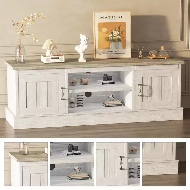 Meuble TV rustique de style ferme pour téléviseurs de 65 pouces, meuble de divertissement avec armoires de rangement, table de console média moderne pour salon ou bureau