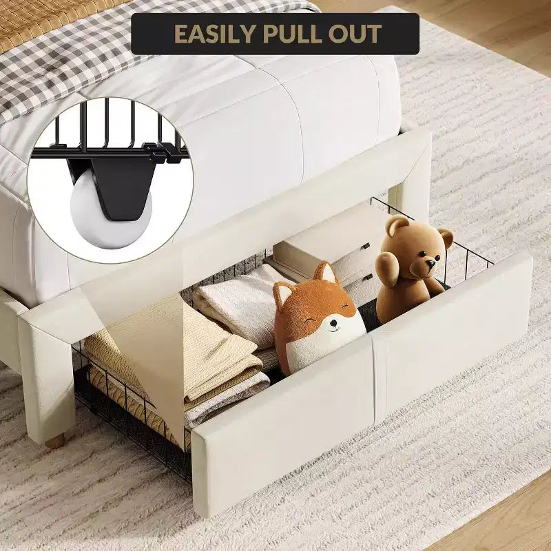Acekool Cadre de lit jumeau pour enfants avec plateforme rembourrée, grand tiroir de rangement et tête de lit bibliothèque, silencieux et facile à assembler, beige