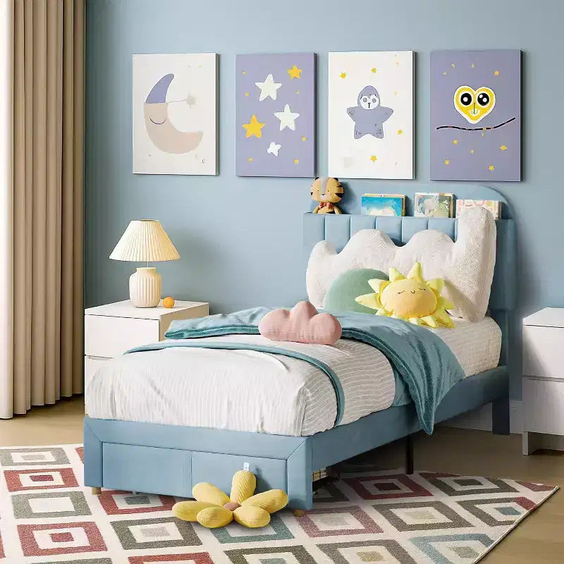 Acekool Cadre de lit jumeau pour enfants avec plateforme rembourrée, grand tiroir de rangement et tête de lit bibliothèque, silencieux et facile à assembler, beige