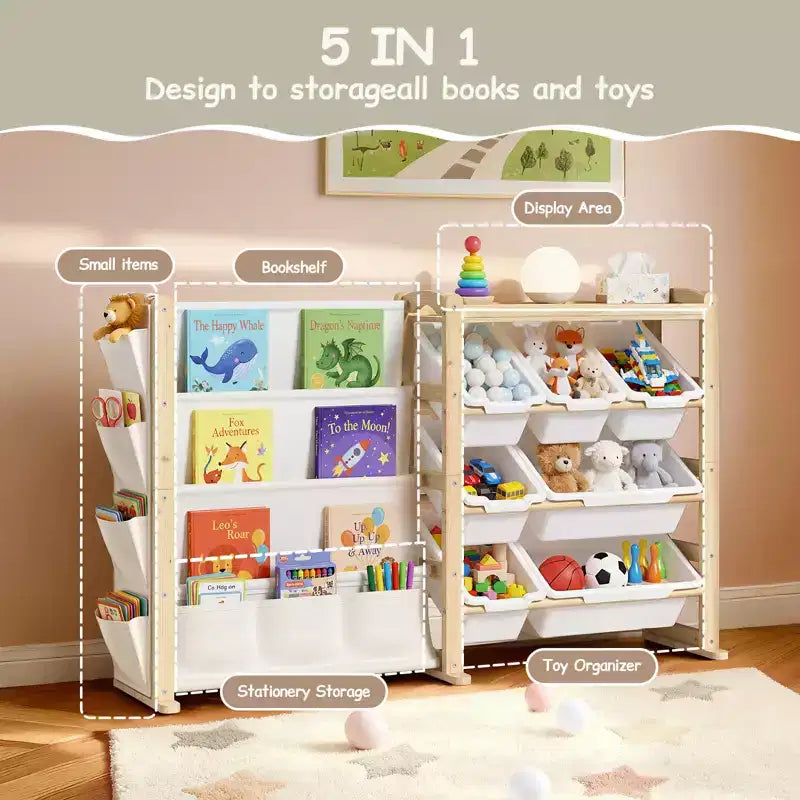 Organisateur et étagère à livres 2-en-1 en bois massif, étagère de rangement en pin naturel pour enfants avec 7 bacs, poches latérales et bibliothèque à 4 niveaux pour salle de jeux ou chambre d'enfant