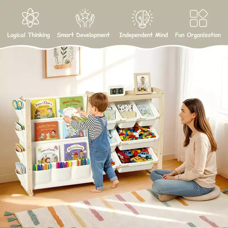 Organisateur et étagère à livres 2-en-1 en bois massif, étagère de rangement en pin naturel pour enfants avec 7 bacs, poches latérales et bibliothèque à 4 niveaux pour salle de jeux ou chambre d'enfant