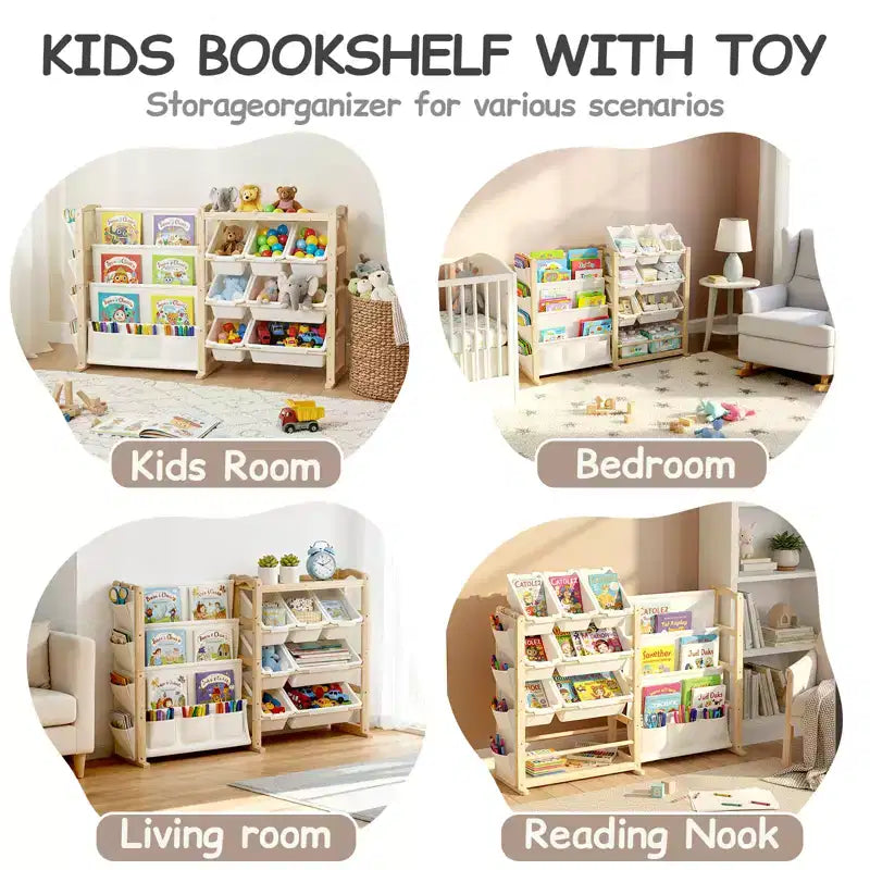Organisateur et étagère à livres 2-en-1 en bois massif, étagère de rangement en pin naturel pour enfants avec 7 bacs, poches latérales et bibliothèque à 4 niveaux pour salle de jeux ou chambre d'enfant