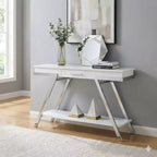 Console de canapé Royal Hampton 48 po, tablette ouverte, cadre chromé, fini blanc très lustré