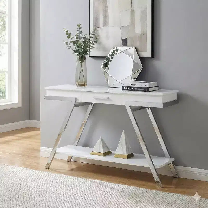 Console de canapé Royal Hampton 48 po, tablette ouverte, cadre chromé, fini blanc très lustré