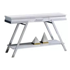 Console de canapé Royal Hampton 48 po, tablette ouverte, cadre chromé, fini blanc très lustré