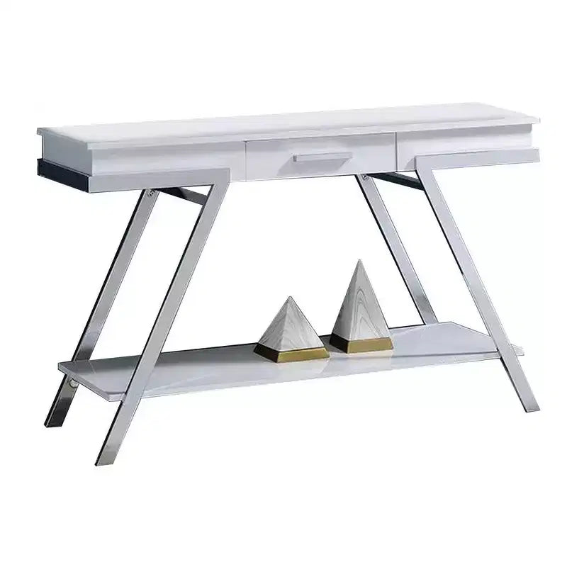 Console de canapé Royal Hampton 48 po, tablette ouverte, cadre chromé, fini blanc très lustré