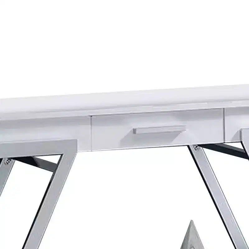 Console de canapé Royal Hampton 48 po, tablette ouverte, cadre chromé, fini blanc très lustré