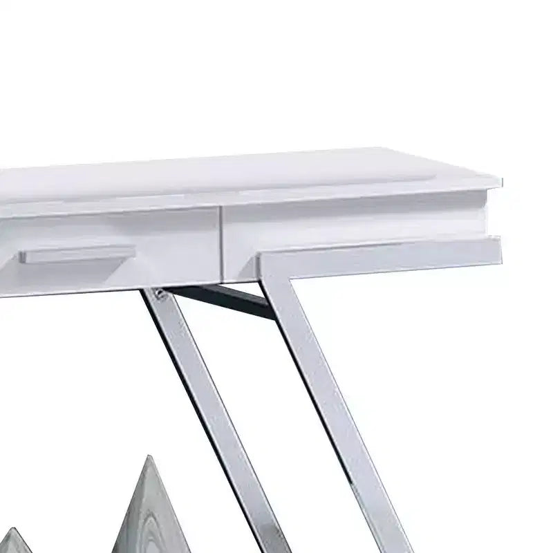 Console de canapé Royal Hampton 48 po, tablette ouverte, cadre chromé, fini blanc très lustré