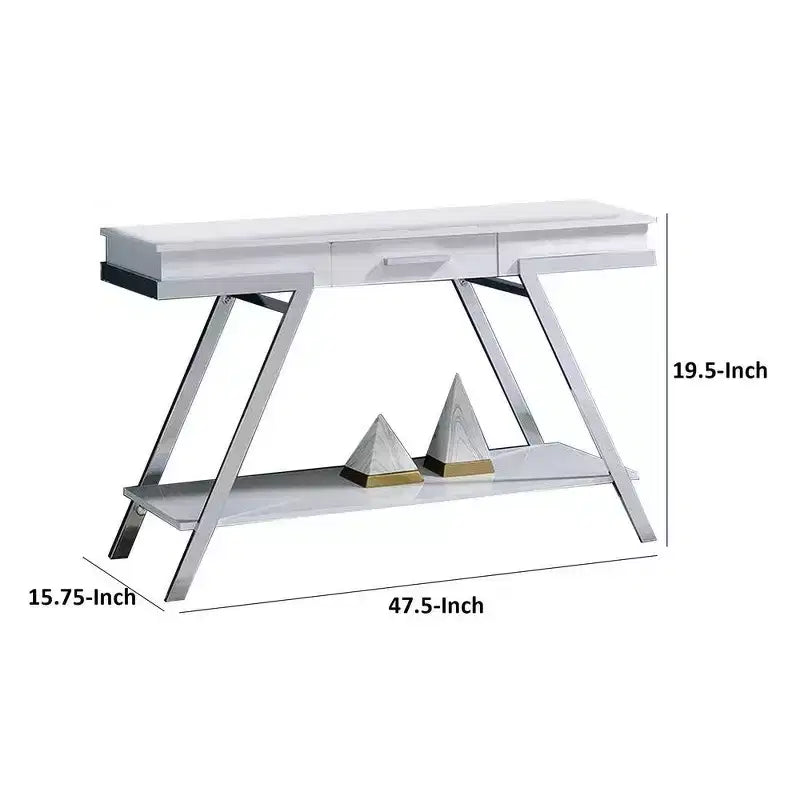 Console de canapé Royal Hampton 48 po, tablette ouverte, cadre chromé, fini blanc très lustré