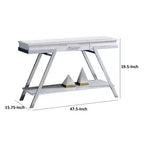 Console de canapé Royal Hampton 48 po, tablette ouverte, cadre chromé, fini blanc très lustré