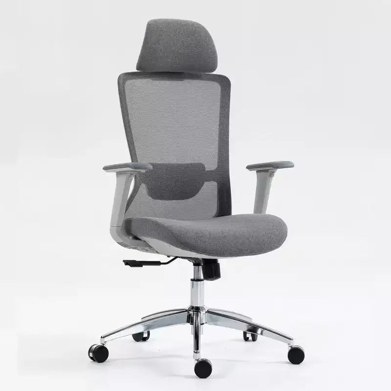 Chaise de bureau de direction ergonomique en maille Homy Casa avec appui-tête réglable, inclinaison à 120° et base chromée pivotante à 360°, grise