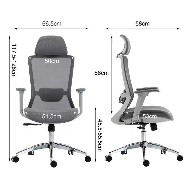 Chaise de bureau de direction ergonomique en maille Homy Casa avec appui-tête réglable, inclinaison à 120° et base chromée pivotante à 360°, grise