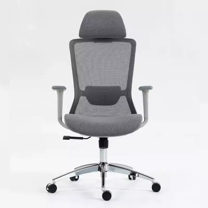 Chaise de bureau de direction ergonomique en maille Homy Casa avec appui-tête réglable, inclinaison à 120° et base chromée pivotante à 360°, grise