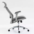 Chaise de bureau de direction ergonomique en maille Homy Casa avec appui-tête réglable, inclinaison à 120° et base chromée pivotante à 360°, grise