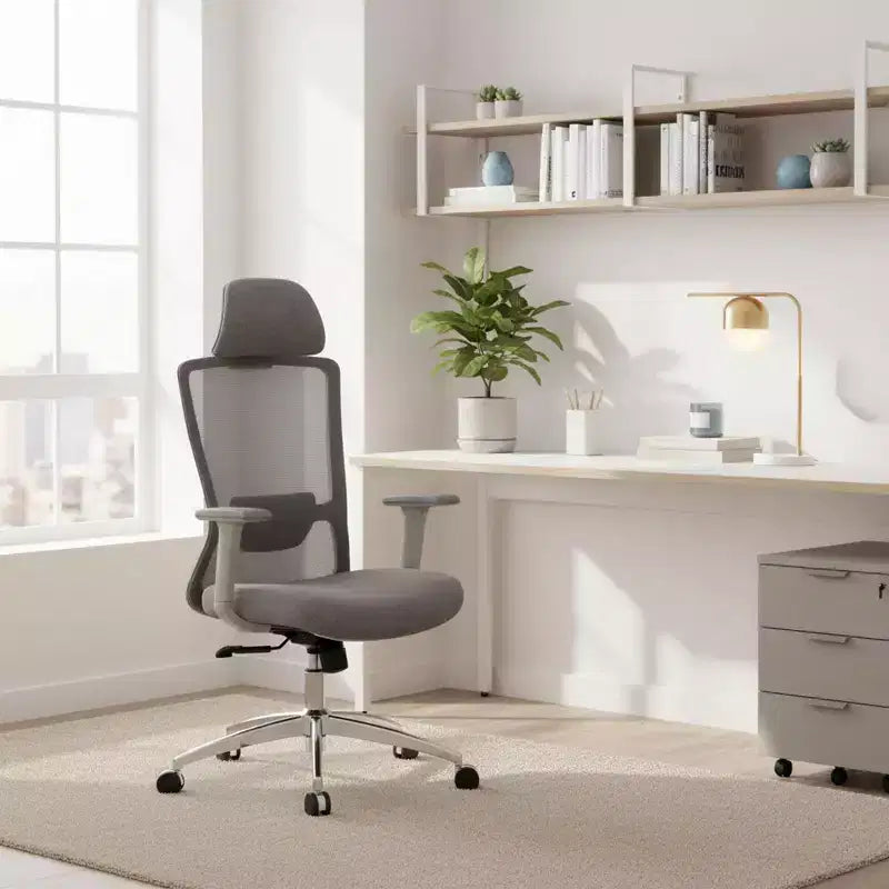 Chaise de bureau de direction ergonomique en maille Homy Casa avec appui-tête réglable, inclinaison à 120° et base chromée pivotante à 360°, grise