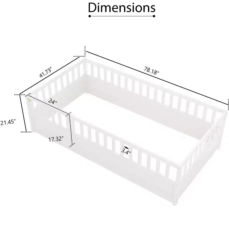 Lits au sol doubles Okak pour enfants, lit d'enfant en bois avec clôture et porte, lit au sol pour filles et garçons, en pin, blanc