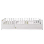 Lits au sol doubles Okak pour enfants, lit d'enfant en bois avec clôture et porte, lit au sol pour filles et garçons, en pin, blanc