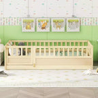 Okak Twin Floor Bed Frame with Extra-Tall Safety Rails, Bed Frame with Convenient Entry Door, Wood Bed Frame for Bedroom, Natural Wood