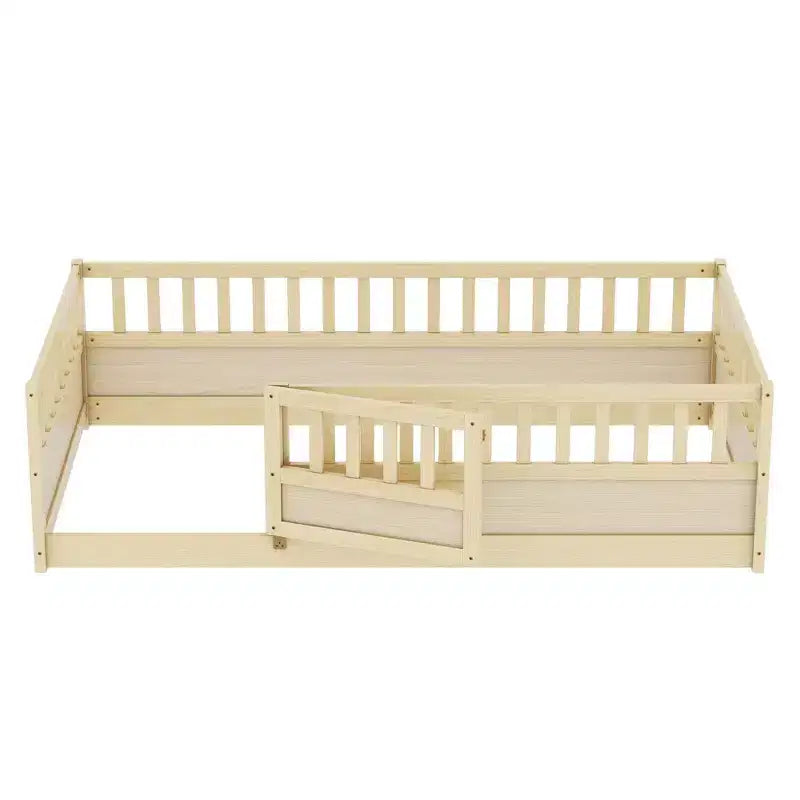 Lit superposé Okak avec rails de sécurité extra-hauts, cadre de lit avec porte d'entrée pratique, cadre de lit en bois pour chambre à coucher, bois naturel