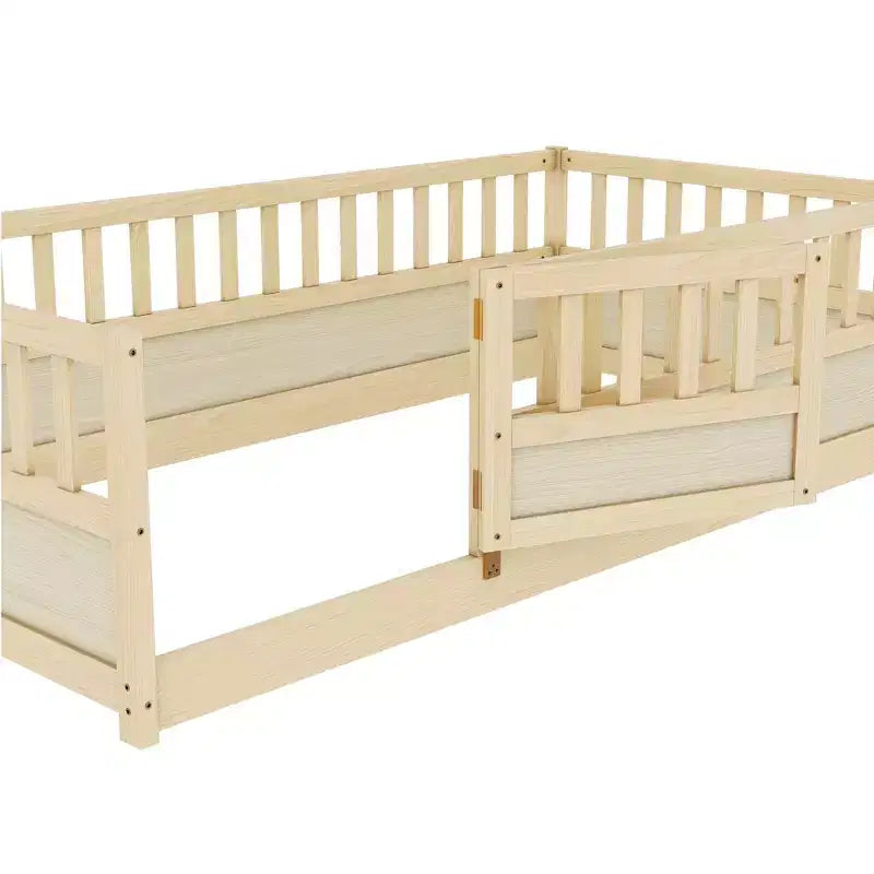 Lit superposé Okak avec rails de sécurité extra-hauts, cadre de lit avec porte d'entrée pratique, cadre de lit en bois pour chambre à coucher, bois naturel