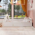 Okak Full Floor Bed Frame with Extra-Tall Safety Rails, Wood Bed Frame with Convenient Entry Door for Bedroom, White