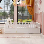 Okak Full Floor Bed Frame with Extra-Tall Safety Rails, Wood Bed Frame with Convenient Entry Door for Bedroom, White