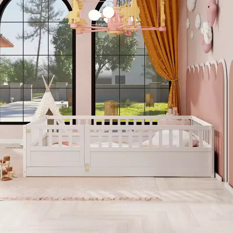 Okak Full Floor Bed Frame with Extra-Tall Safety Rails, Wood Bed Frame with Convenient Entry Door for Bedroom, White