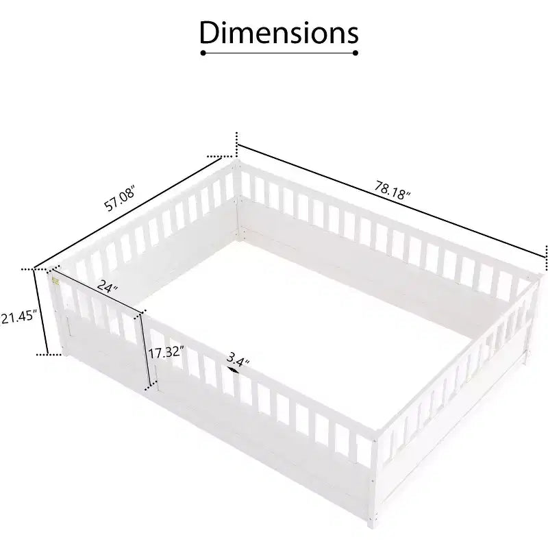 Cadre de lit Okak pleine grandeur avec barrières de sécurité extra-hautes, cadre de lit en bois avec porte d'entrée pratique pour chambre à coucher, blanc